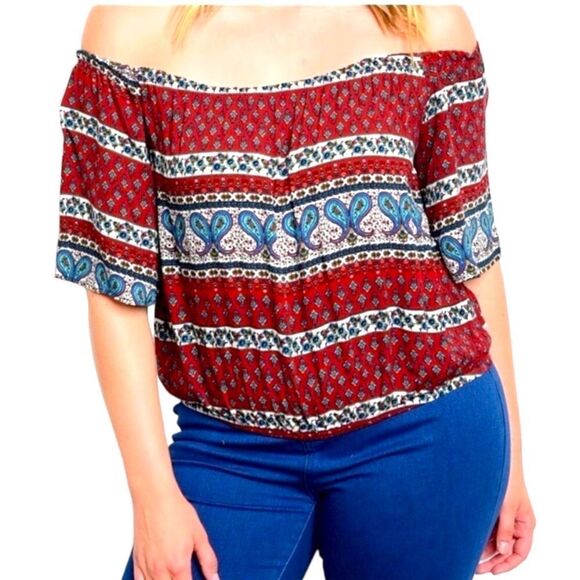 Colorful Paisley Off Shoulder Short Sleeve Smock Summer Top NEW - Picture 4 of 5